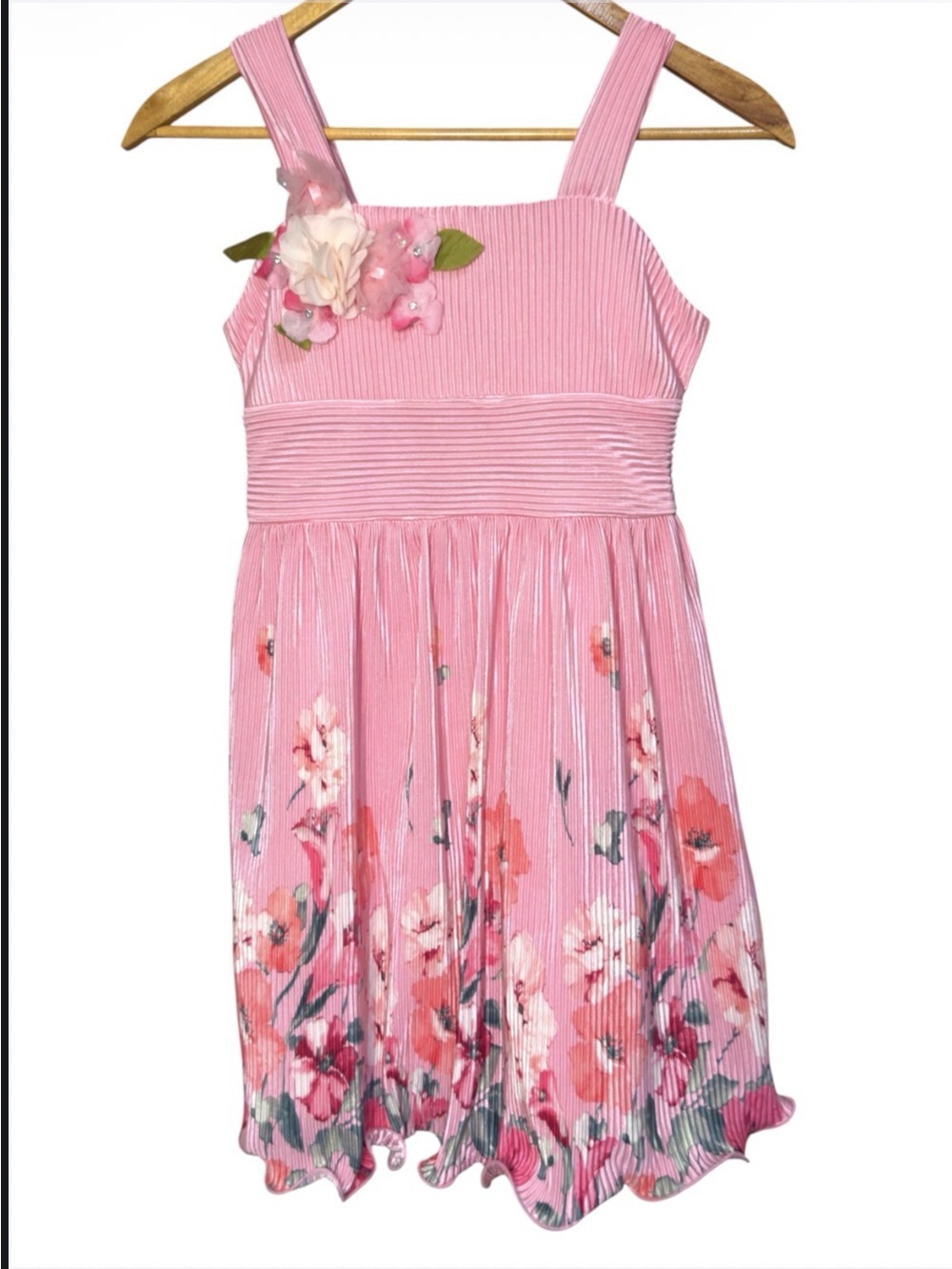 Bonnie Jean pink floral pleated dress with flower accent Girl’s size 10 | g